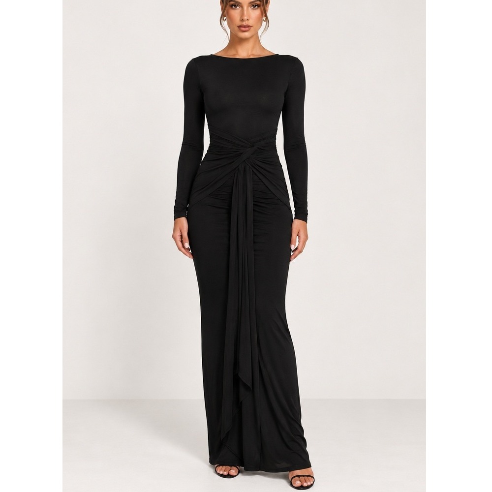 Oh Polly Black Long Sleeve Ruched Knot Front Maxi Dress US 6 Formal Gown NEW